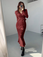 Women's Solid Color Self-Tie Wrap Midi Dress