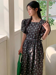 Women's Square Neck Puff Sleeve Ditsy Floral Waist-Cinched Dress