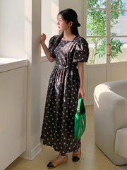 Women's Square Neck Puff Sleeve Ditsy Floral Waist-Cinched Dress