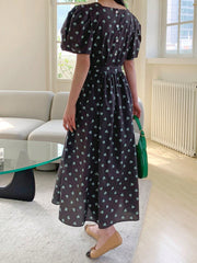 Women's Square Neck Puff Sleeve Ditsy Floral Waist-Cinched Dress