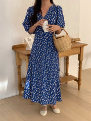 Women's V-Neck Casual Full Floral Print Mid-Length Dress