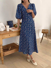 Women's V-Neck Casual Full Floral Print Mid-Length Dress