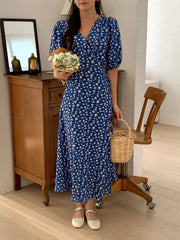 Women's V-Neck Casual Full Floral Print Mid-Length Dress