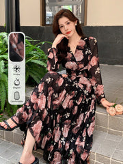 Women's V-Neck Full Floral Print Chiffon Dress