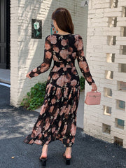 Women's V-Neck Full Floral Print Chiffon Dress