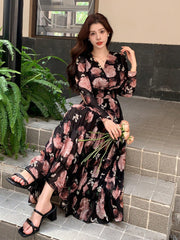 Women's V-Neck Full Floral Print Chiffon Dress