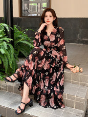 Women's V-Neck Full Floral Print Chiffon Dress