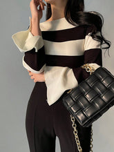 Women's Wide Striped Neck Flare Sleeve Fitted Sweater
