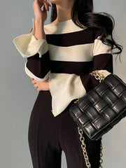 Women's Wide Striped Neck Flare Sleeve Fitted Sweater