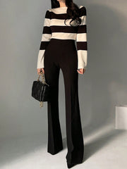 Women's Wide Striped Neck Flare Sleeve Fitted Sweater