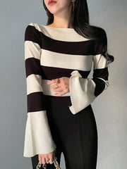 Women's Wide Striped Neck Flare Sleeve Fitted Sweater
