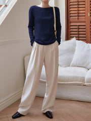 -Less Solid Color Boat Neck Long Sleeve T-Shirt