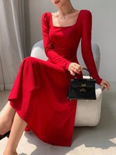 Korean Fashion Women's Red Holiday Party Ruched Waist Elegant Long Sleeve Long Dress