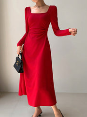 Korean Fashion Women's Red Holiday Party Ruched Waist Elegant Long Sleeve Long Dress