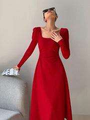 Korean Fashion Women's Red Holiday Party Ruched Waist Elegant Long Sleeve Long Dress