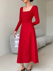 Korean Fashion Women's Red Holiday Party Ruched Waist Elegant Long Sleeve Long Dress