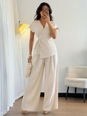 Women's Elegant Butterfly Sleeve Wrap Top And Wide Leg Loose Pants 2 Pieces Set
