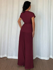 Women's Summer Vacation Date Elegant Wrap Batwing Short Sleeve Blouse & Wide Leg Palazzo Pants 2 Pieces Set