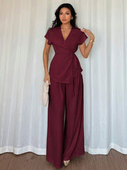 Women's Summer Vacation Date Elegant Wrap Batwing Short Sleeve Blouse & Wide Leg Palazzo Pants 2 Pieces Set