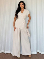 Women's Elegant Butterfly Sleeve Wrap Top And Wide Leg Loose Pants 2 Pieces Set