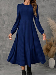 Women's Solid Color Ribbed Crew Neck Long Sleeve Dress