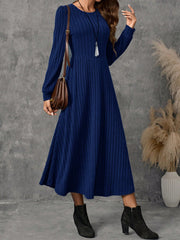 Women's Solid Color Ribbed Crew Neck Long Sleeve Dress