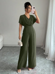 1pc Women's Solid Color Waist Gathering Elegant Jumpsuit