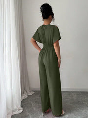 1pc Women's Solid Color Waist Gathering Elegant Jumpsuit