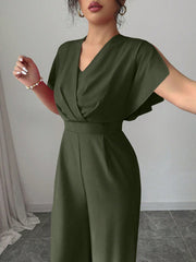 1pc Women's Solid Color Waist Gathering Elegant Jumpsuit