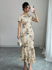 Romantic Floral Print Pleated Round Neck Short Sleeve Dress