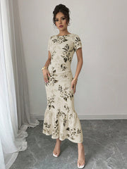 Romantic Floral Print Pleated Round Neck Short Sleeve Dress