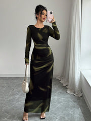 Shein Elenzga Women's Elegant Elastic Ombre Printed Mesh Ruched Bodycon Maxi Dress