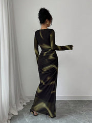 Shein Elenzga Women's Elegant Elastic Ombre Printed Mesh Ruched Bodycon Maxi Dress