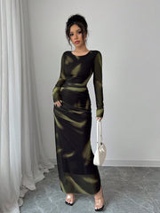 Shein Elenzga Women's Elegant Elastic Ombre Printed Mesh Ruched Bodycon Maxi Dress