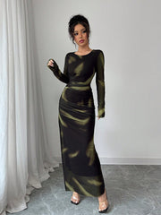 Shein Elenzga Women's Elegant Elastic Ombre Printed Mesh Ruched Bodycon Maxi Dress