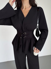 2-pc V-Neck Double-Breasted Double-Belt Long Sleeve Shirt And Pants Set