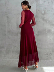 Mesh Solid Color Round Neck Waist Pleated A-Line Long Sleeve Maxi Dress