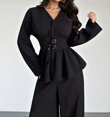 2-pc V-Neck Double-Breasted Double-Belt Long Sleeve Shirt And Pants Set