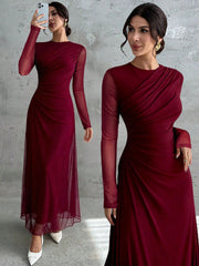 Mesh Solid Color Round Neck Waist Pleated A-Line Long Sleeve Maxi Dress