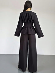 2-pc V-Neck Double-Breasted Double-Belt Long Sleeve Shirt And Pants Set