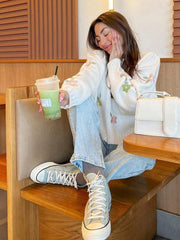 FOR BEAUTY Spring And Autumn New Round Neck Floral Embroidery Long-Sleeved Knit Sweater Tops