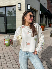 FOR BEAUTY Spring And Autumn New Round Neck Floral Embroidery Long-Sleeved Knit Sweater Tops