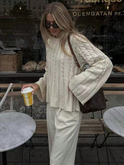 FOR BEAUTY Spring/Autumn New Solid Color Round Neck Twisted Long-Sleeved Knit Sweater