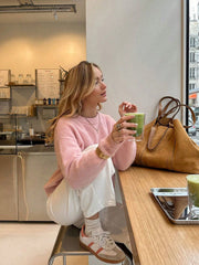 FOR BEAUTY New Autumn And Winter Pink Round Neck Long Sleeved Knitted Pullover Top