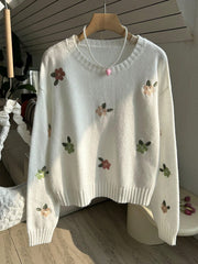 FOR BEAUTY Spring And Autumn New Round Neck Floral Embroidery Long-Sleeved Knit Sweater Tops