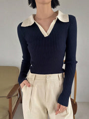 Contrast Collar Ribbed Knit Sweater