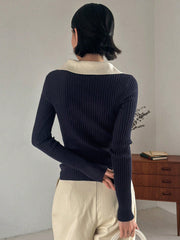 Contrast Collar Ribbed Knit Sweater