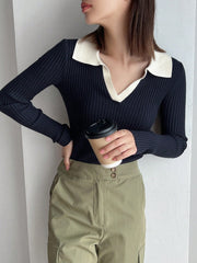 Contrast Collar Ribbed Knit Sweater