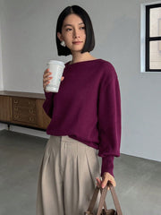 Solid Asymmetrical Neck Drop Shoulder Sweater