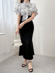 Women's Maxi Ruched Waist Ditsy Floral Puff Sleeve Fish Tail Hem Dress